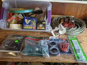 lot 60 image: Misc. Household Supplies Packing Tape, Light Bulbs, Rope, Outdoor Timer, etc.
