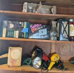 lot 37 image: Contents of Garage Shelves Lights, Lamps, Lamp Oil