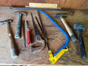 lot 42 image: Hammers, Saws, Crowbar, Mallet, etc.