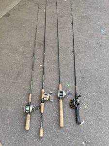 lot 144 image: (4) Bait Casters and Rods Garcia, Cabelas, Shimano, Fenwick, Pflueger