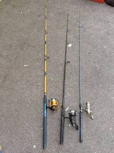 lot 145 image: (3) Fishing Rods with Reels Shakespeare, Wright & McGill, Garcia, Rage