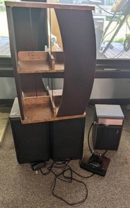 lot 343 image: Beautiful Swivel Two-Tone CD Rack, Headphones and Speakers