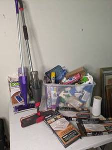 lot 294 image: Mop Lot with Bin Full of Cleaning Products