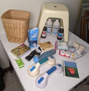 lot 297 image: First Aid Supplies, Wicker Garbage Bin, Stool, Pair of Shower Balance Assist Bars