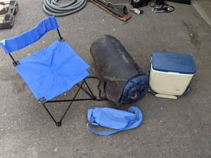 lot 156 image: Lets Go Camping Folding Chair, Sleeping Bag, Cooler