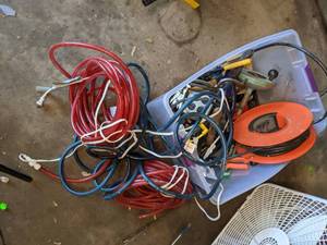 lot 182 image: Bin of Misc. Cables, Wire, Outlets, Auger, Etc.