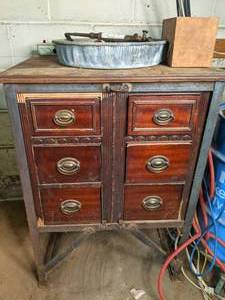 lot 391 image: Vintage Work Stand with Drawers Full of Hardware & Home Improvement Items