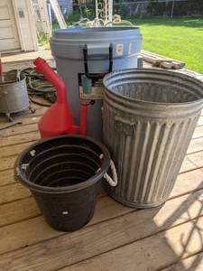 lot 460 image: Nascar Gas Can, (2) Garbage Cans & Black Bucket