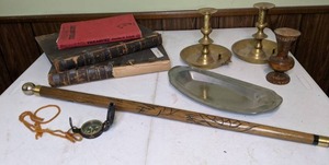 lot 372 image: Vintage Shakespeare Books, Vintage Compass, Cane, Silver Tray and more