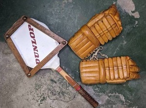 lot 473 image: Vintage Norcon Hockey Gloves & Vintage Dunlop Wooden Tennis Racquet