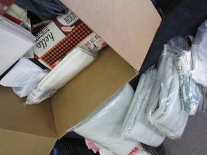 lot 130 image: Box of Assorted Tablecloths & Furni...