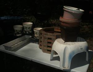 lot 26 image: Planters, pots, stool, metal scoop...