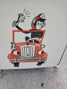 Vintage 1970s Metal Toy Box on Wheels Save A Toy Fire Truck Monkey Rabbit
