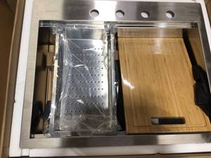 lot 3 image: Lot of 3 Glacier Bay Tight Radius Stainless Steel 31 in. 18-Gauge Single Bowl Undermount Kitchen Sink with Grid and Strainer & see all pictures