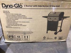 lot 34 image: Dyna-Glo 2-Burner Open Cart LP Gas Grill in Stainless Steel and Black with Side Burner customer return see all pictures