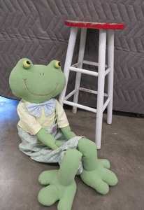 TALL VINTAGE RED AND WHITE STOOL, WITH A TALL FROG