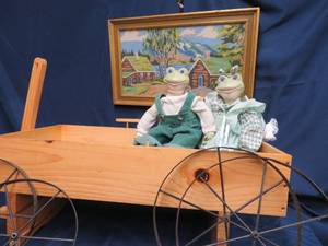 ADORABLE FROG COUPLE IN A LITTLE WOODEN WAGON, VINTAGE CROSS STITCH PICTURE.