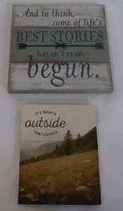 lot 549 image: Hallmark Wall Sign Bundle 7 - Lifes Best Stories Havent Even Begun & Its Whats Outside That Counts