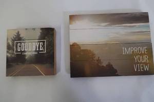 lot 587 image: Hallmark Wall Sign Bundle #4 Improve Your View & Goodbye Comfort Zone Wooden Signs