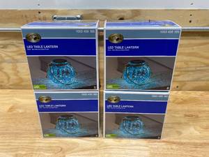 HAMPTON BAY Lot of 4-  Solar 5.1 in. Blue Iridized Glass Outdoor LED Integrated Table Top Lanterns