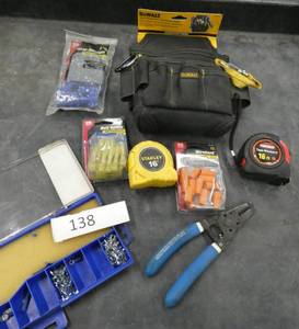 lot 138 image: New Dewalt electricians pouch wire connectors, splices, stripper and tape measures