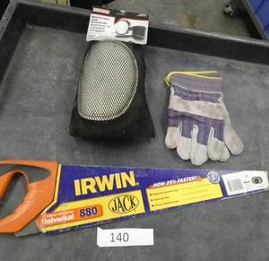 lot 140 image: New Craftsman Kneepads, Irwin saw and leather gloves