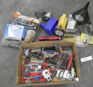 lot 143 image: misc lot of flashlights, electrical tape, knives, gorilla glue, clamps, master padlock and more