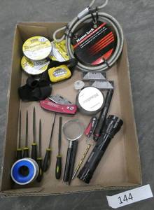 lot 144 image: Master Lock, Master lock cable, small files, electrical tape, flashlights, knives, stanley head light