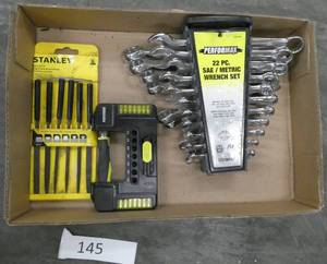 lot 145 image: New set of wrenches, new bit set and stanley files