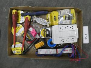 lot 153 image: Electrician group of  tape, outlet tester, electrician screwdrivers and outlets