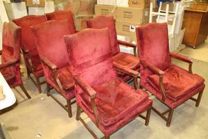 lot 630 image: Lot of (7) Wood Padded Living Room Arm Chairs
