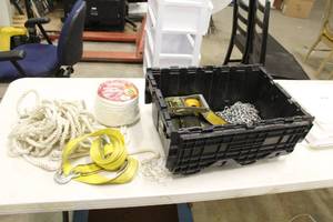 lot 814 image: Lot of  Garage Supplies - Nylon Anchor Rope 12x100, Ropes, Straps, Bungee Cords, Chains, Ratchet Straps