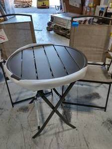 lot 11 image: 2 Mix and Match Folding Steel Sling Outdoor Dining Chair in Riverbed Taupe WITH Mix and Match 24.6 in. Dark Taupe Folding Round Metal Outdoor Patio Bistro Table
