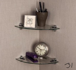 lot 31 image: 2 Pristine 10 in. Radius Clear Glass Radial Floating Shelves with Chrome Brackets (Set of 2)