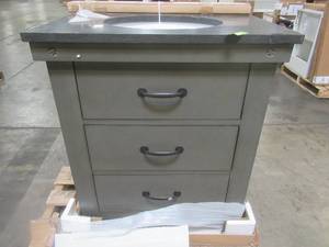 30 X 22 3 Drawer Vanity Cabinet in Ash. - Cracked Top, Cabinet RH Side Needs to be fixedglued.