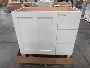 Kohler Poplin 36 X 22 W Vanity Cabinet in Linen White. Scratch on Top of door. - Missing Top and Adjustable Shelf.