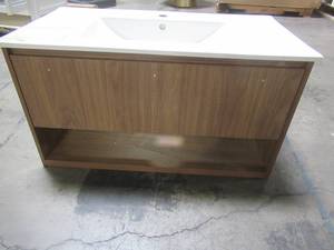 36 X 19 Floating Vanity in Brown. 1 drawer, bottom shelf, missing hardware - Scratch and Dent.