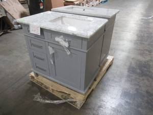 Wholesale Pallet of (2) 36 x 22 Vanity Cabinets in Dove Grey. Broken Legs, Scratch and Dent.