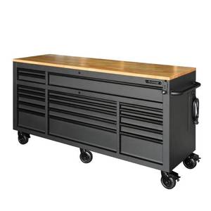Husky 72 in. 18-Drawer Mobile Workbench with Adjustable-Height Solid Wood Top in Matte Black, HOLC7218BB1MYS - NEW  (slight ding on Top) LOW RESERVE OF $750.00