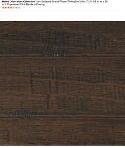 lot 24 image: HOME DECORATORS COLLECTION Hand Scraped Strand Woven Wellington 38 in. T x 5-18 in. W x 36 in. L Engineered Click Bamboo Finish. See Pictures