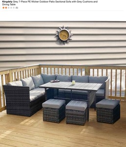lot 25 image: KINGDELY Grey 7-Piece PE Wicker Outdoor Patio Sectional Sofa with Grey Cushions and Dining Table. See Pictures
