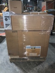 lot 37 image: Pallet of Different Sized Hampton Bay Kitchen Cabinets. Various Conditions. See Pictures