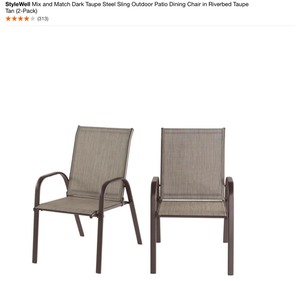 lot 49 image: STYLEWELL Mix and Match Dark Taupe Steel Sling Outdoor Patio Dining Chair in Riverbed Taupe Tan (2-Pack). See Pictures
