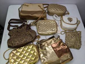 lot 173 image: Lot of (8) Purses and Handbags Gold, Cream, Tan, Animal Print