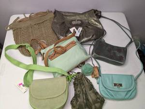 lot 148 image: Lot of (7) Purses and Handbags Beige and Greens