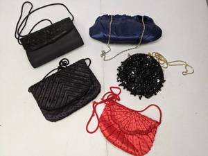 lot 157 image: Lot of (5) Fancy Evening Clutches and Purses Black, Navy, Red
