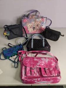 lot 88 image: Lot of (6) Whimsical and Fun Purses and Handbags Pink, Blue, Black
