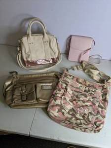 lot 72 image: Lot of (4) Purses Gold, Pink, Camo 