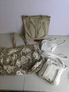lot 73 image: Lot of (4) Purses and Handbags Floral, Beige, and Cream 