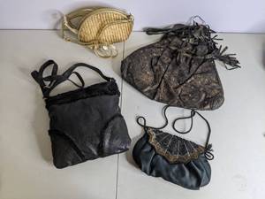 lot 74 image: Lot of (4) Purses and Handbags Snakeskin, Black, Wicker 